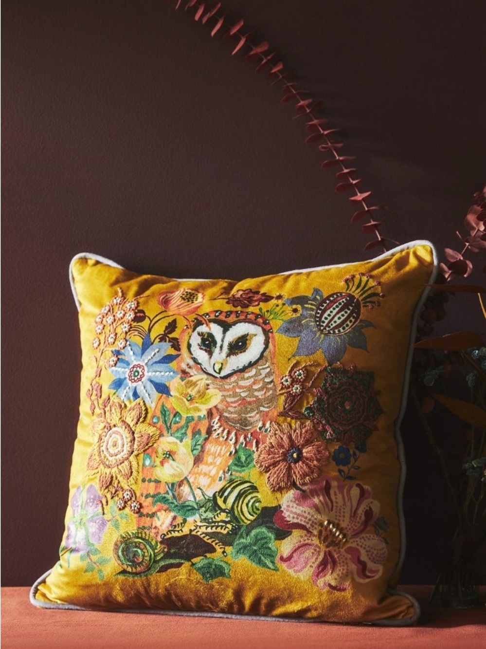 Anthropologie Mustard Yellow Velvet Owl & Floral Embroidered Pillow